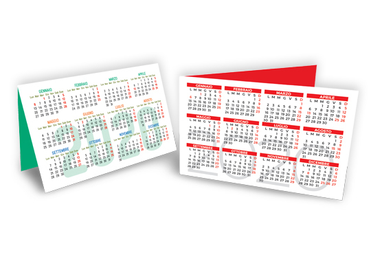 Stampa Calendari tascabili pieghevoli doppiCalendari tascabili pieghevoli, personalizzabili su 3 ante con 3 template di calendario a scelta sul retro. 